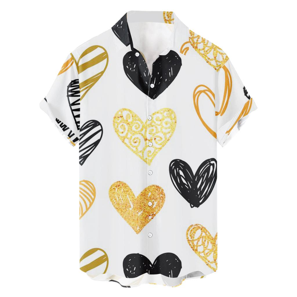 Мужская рубашка с принтом в виде сердца и любви, летняя блузка с коротким рукавом, белая на пуговицах, одежда на День святого Валентина, вечернее платье, мужские топы