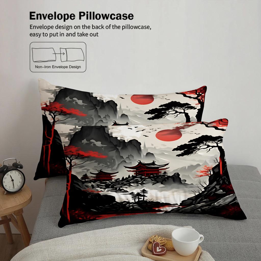 3pcs Japanese Landscape Bedding Sets 3D Printed Mountain Temple And Red Sun Duvet Cover Sets With Pillowcases No Filling
