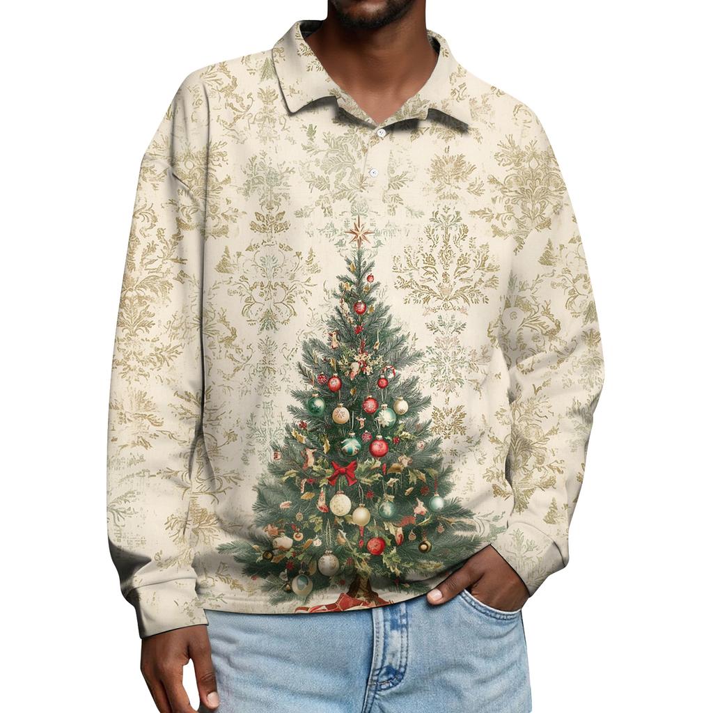 Men's Casual Christmas Print Button Long Sleeve Shirt