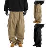 Men Cargo Pants Multi Pockets Drawstring Elastic Waist Vintage Wide Leg Hip Hop Streetwear Loose Solid Color