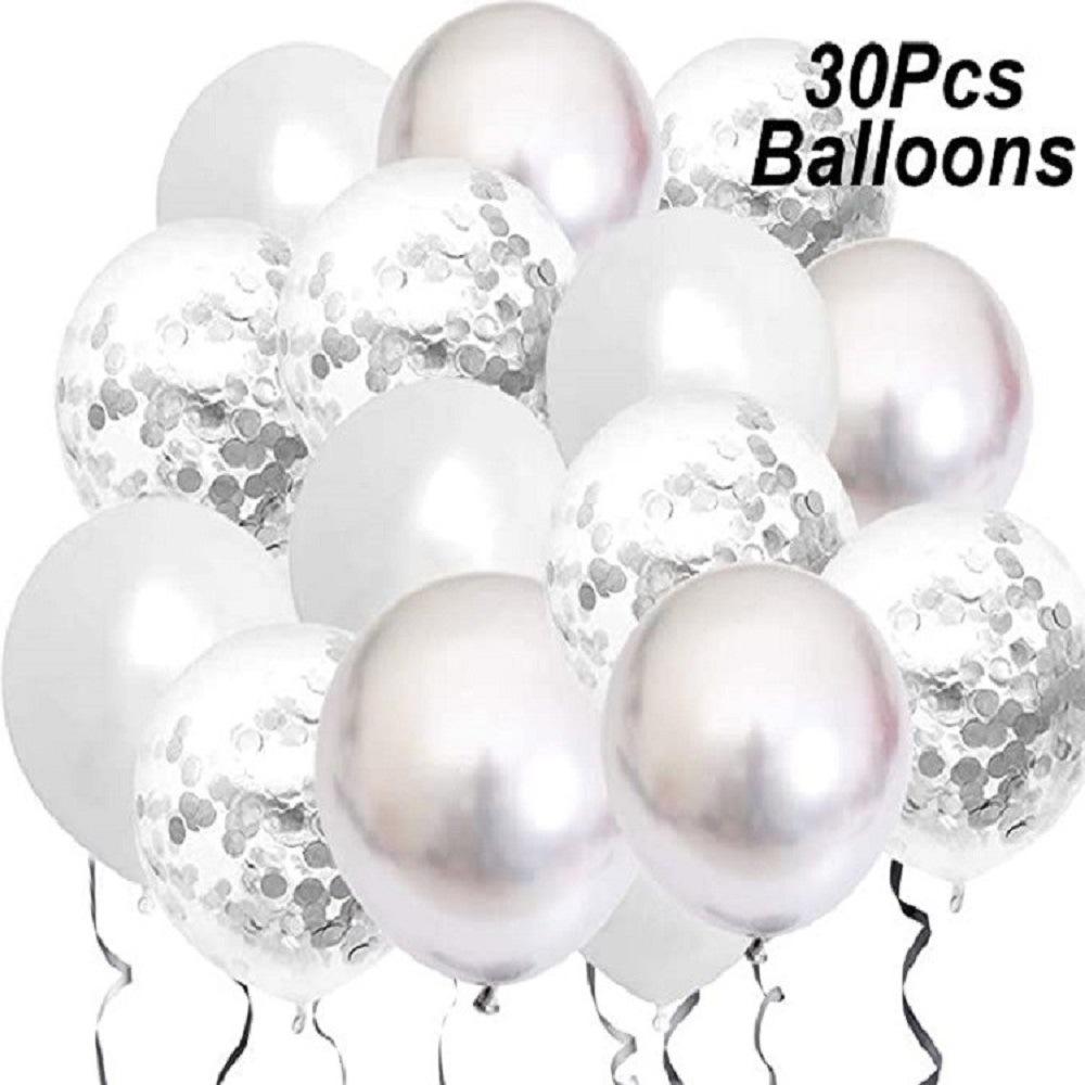 Pearlescent White Metal Silver Latex Balloon Decorative Set Happy Birthday Aluminum Film Balloon Silver Confetti Birthday Party