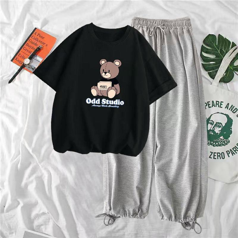 Модный повседневный спортивный костюм с коротким рукавом «Маленький медвежонок», женские повседневные широкие брюки, летний свободный спортивный костюм из двух частей