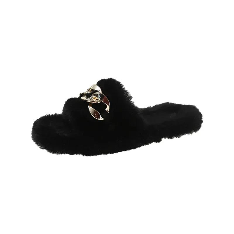 Зимние тапочки женские цепочные толстые подошвы плюшевые тапочки модные женские уличные теплые тапочки на плоском каблуке