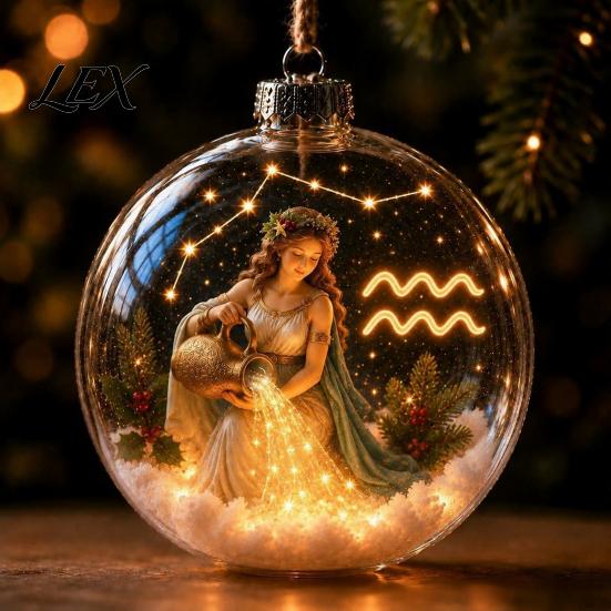 Seasonal Ornaments for Fireplace Lighted Zodiac Christmas Ornament, Glowing Sign Ball with Warm LED, Tree Hanging Baubles 3D Clear Acrylic Pendant