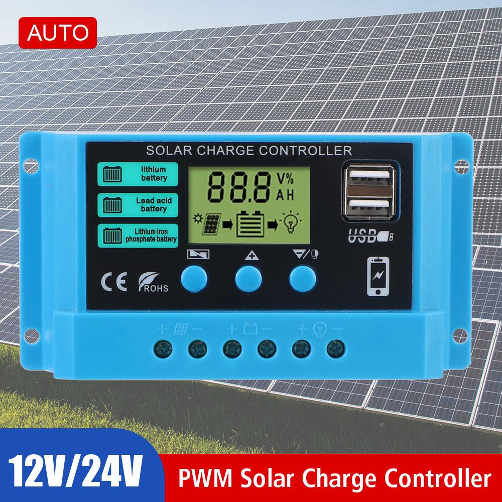 LCD Display Auto 30A Solar Charge Regulator Dual USB Chargers 5V Output Solar Controller PWM Battery Charger 12V/24V Universal