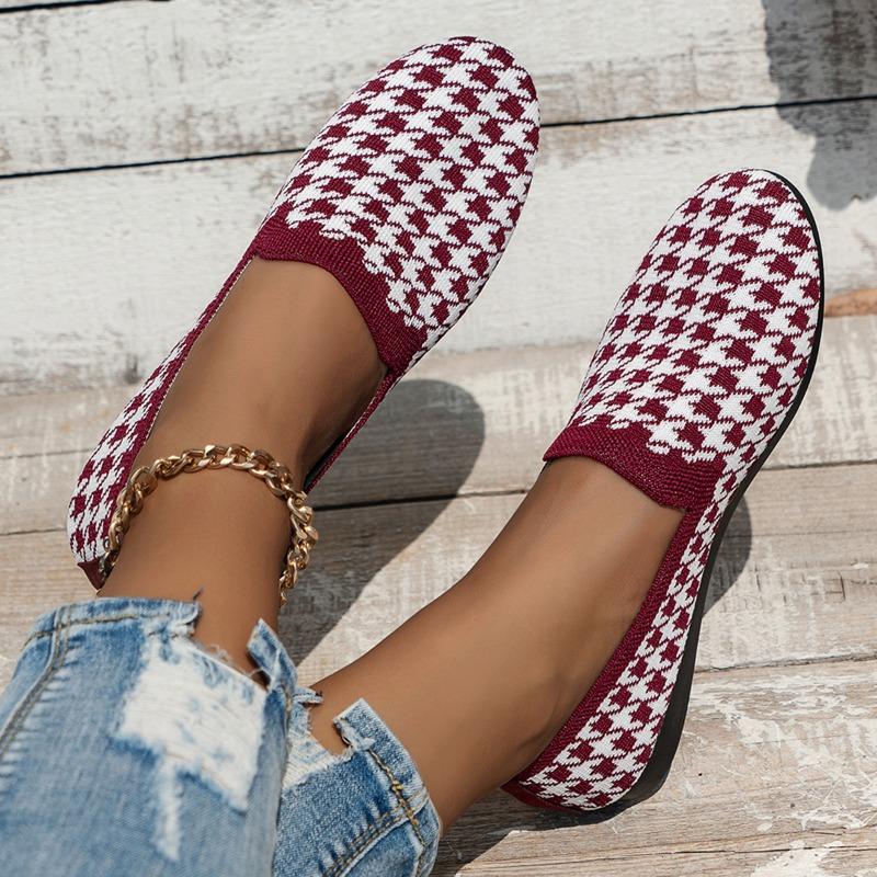 2024 Round Toe Flat Shoes Female Shallow Mouth Sports Footwear Womens Plus Size Walking Knitting Sandals Plaid Print Loafers