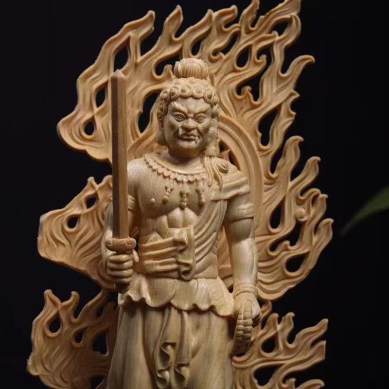 Solid Wood Carving Patron Saint Does Not Move Ming Wang Statue Chinese Buddhism Figures Home Living Room Office Feng Shui Statue