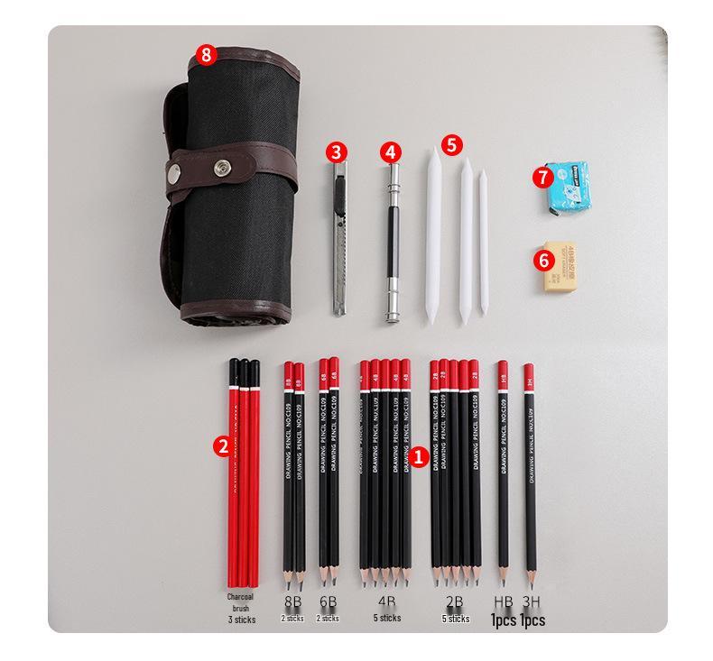 39-Piece Beginner Sketching Set: Charcoal Pencils, Eraser, Paintbrushes & Pencil Roll-up Case