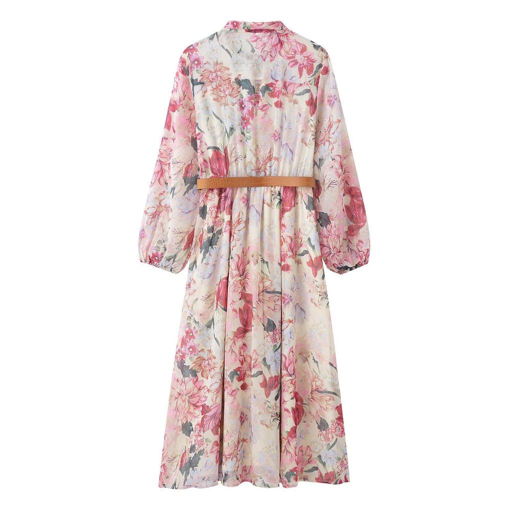 Весеннее платье миди с цветочным принтом, поясом, воротником-бантом и длинными рукавами для женщин.