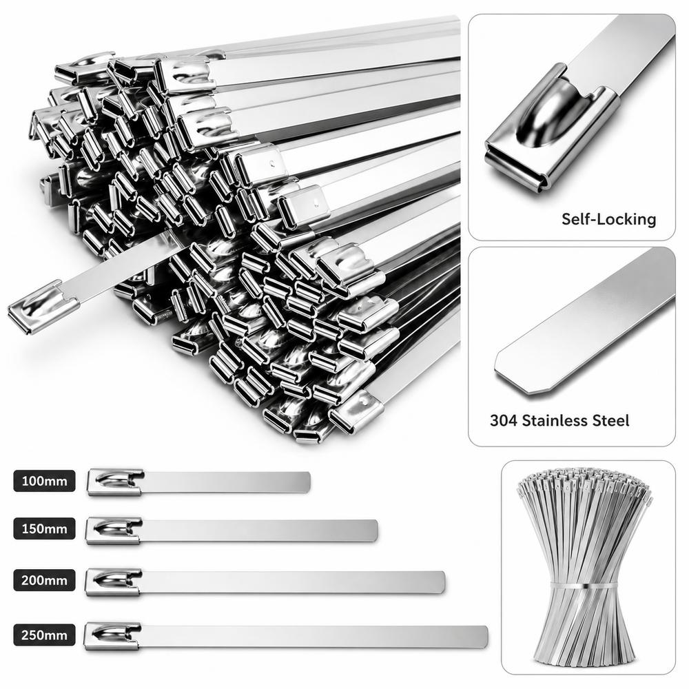 100PCS Stainless Steel Cable Tie Straps Heavy Duty Self-Locking Zip Ties Corrosion Resistant Rustproof Fastening Strap