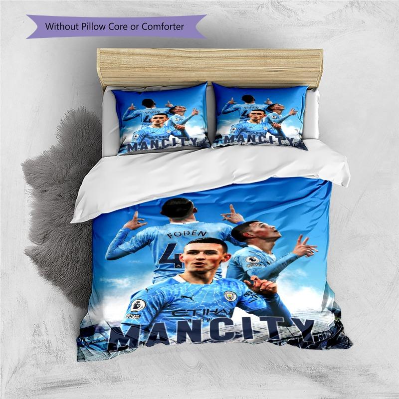 Man City Football Team Players Portrait Print 3‑Pieces Duvet Cover Set Soccer Fan Bedding Bedroom Home Decor Without Pillow Core Comforter
