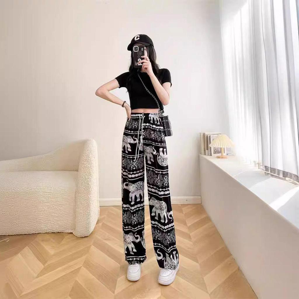 Southeast Asian Ethnic Style Women's Thai Elephant Wide-Leg Beach Pants, High Waist Slimming Straight-Leg Summer Pants.