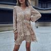 Temperament and Elegance Outer Wear Cake Skirt V-neck Leopard Print Fashion Long-sleeved Dress Fall and Winter