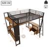 Loft Bed, 140 x 200 cm, Iron Frame, with LED Light Strip, Desk, Storage Space, Multiple Shelves, Pegboard, USB Port, without Mattress, Black