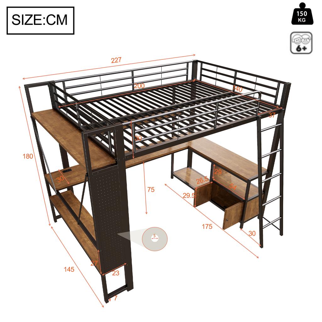 Loft Bed, 140 x 200 cm, Iron Frame, with LED Light Strip, Desk, Storage Space, Multiple Shelves, Pegboard, USB Port, without Mattress, Black