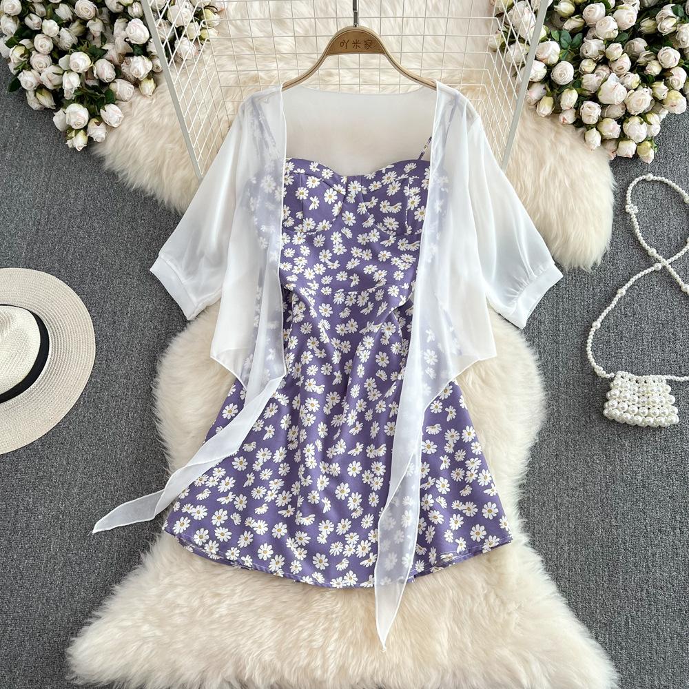 Women Summer Floral Print Two Piece Slim Vacation Elegant Ladies A Line Short Dress