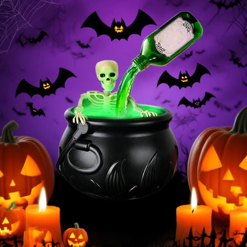 Spooky Witch Mist Maker Cauldron with Floating Bottle Plastic Cauldron & Skeleton Halloween Decor Cauldron Horror House Decor