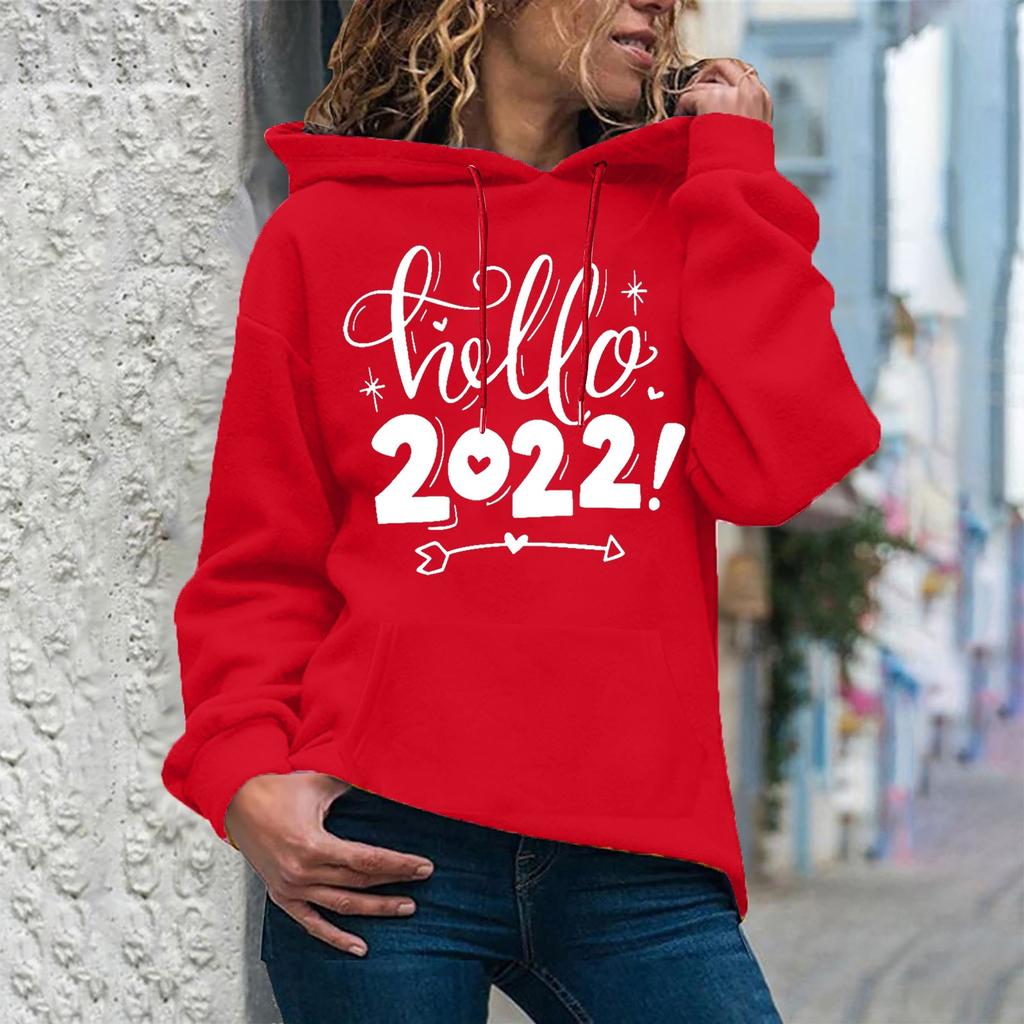 Women's Fashion Casual New Year Print Hooded Sweatshirt Loose Sports Pullover