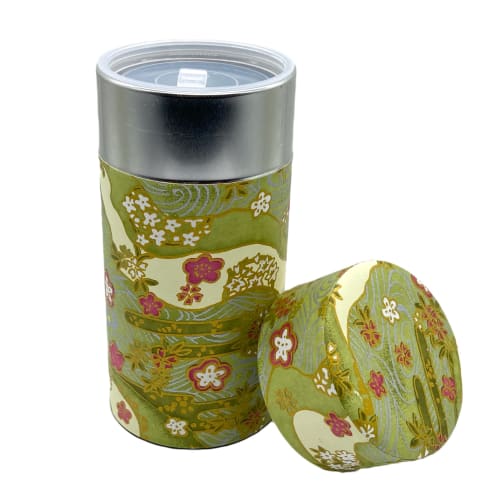 Noguchi Kumataro Tea Garden Tea Caddy, Large Capacity 200g, with Washi Paper and Inner Lid, Shikisai Green, Made in Japan, Stylish