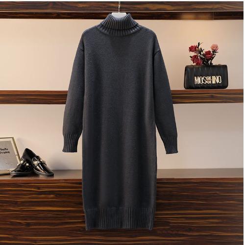 Knitted Dress Autumn and Winter Women's Loose Long Sweater Pullover Turtleneck Solid Casual Female