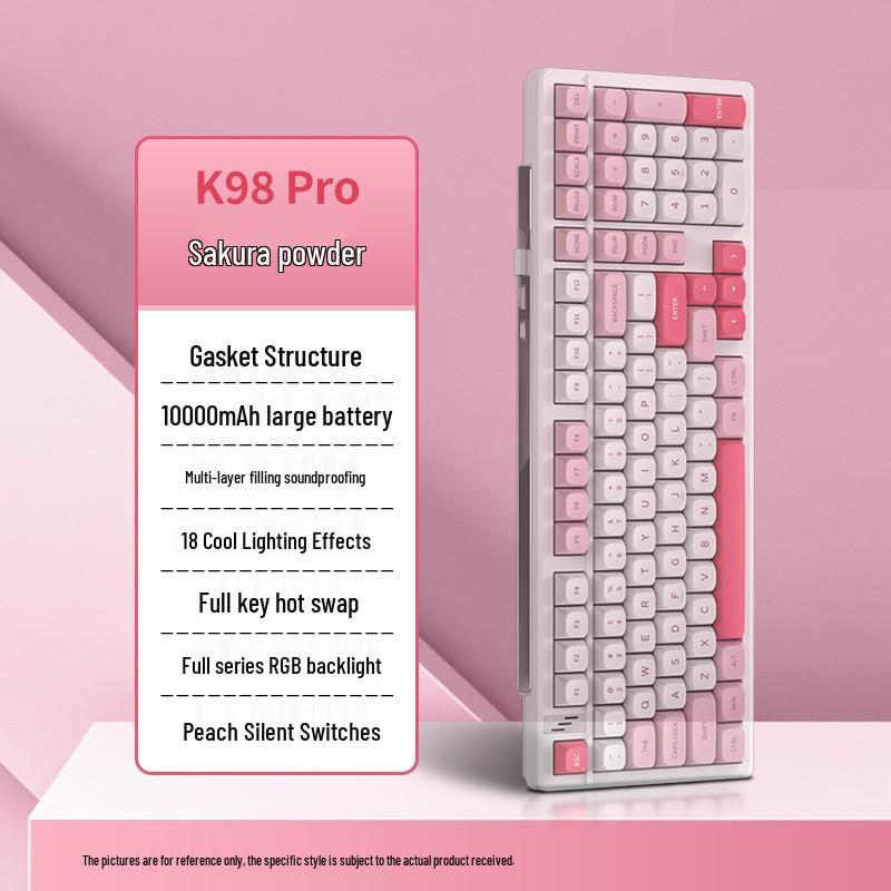 Механическая клавиатура K98 с раскладкой 98%, прокладкой, 3 режима, 98 RGB-подсвечиваемых клавиш, красный переключатель - Идеально для игр и офиса