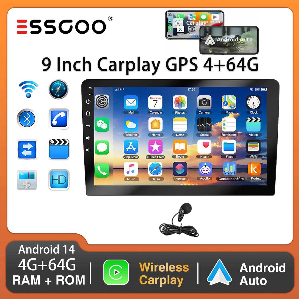 9-дюймовый 2 DIN автомобильный стерео радиоприемник Wirless Carplay Android Auto Car Stereo Bluetooth 64G GPS навигация RDS WiFi USB FM DAB+CAM