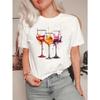 Wine Glass Pattern Printed T-Shirt, Spring/Summer Casual Round Neck Cartoon Short Sleeved Top, Women'S Spray Painted Clothing