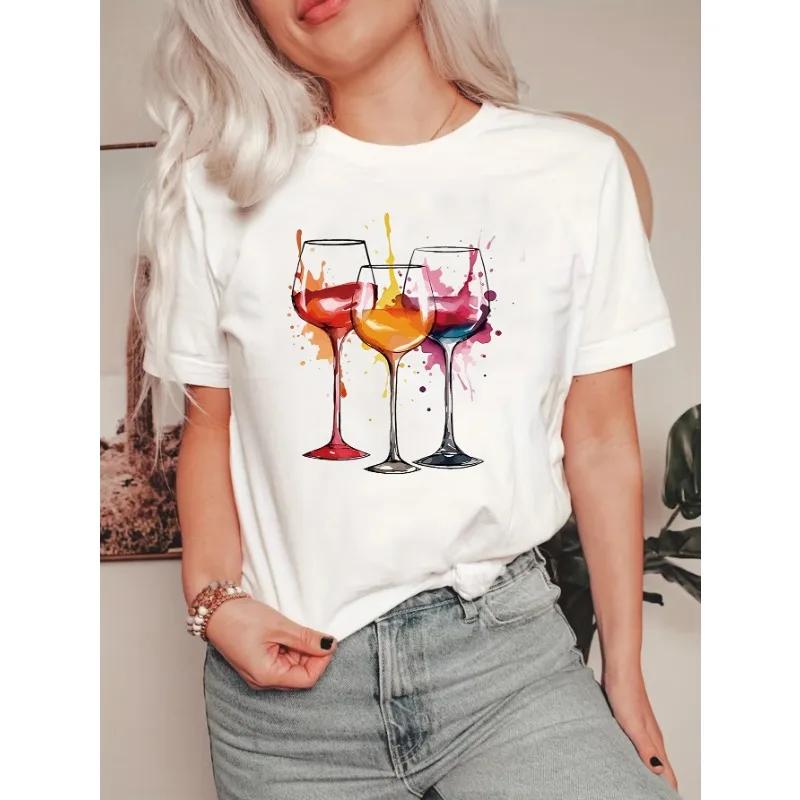 Wine Glass Pattern Printed T-Shirt, Spring/Summer Casual Round Neck Cartoon Short Sleeved Top, Women'S Spray Painted Clothing