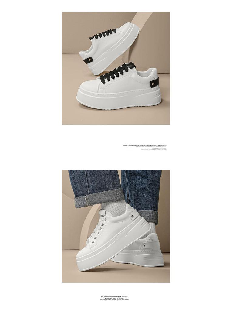 Мужские белые кроссовки на платформе - 2025 Осень Дышащие повседневные туфли на толстой подошве с дизайном, увеличивающим рост