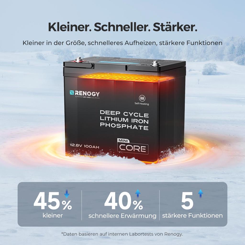 RENOGY 12В 100Ач Литий-железо-фосфатный CORE Мини Литий-железо-фосфатный Нагреватель с DuoHeat BMS Более 5000 PSE Идеально для и Аварийной Серии,