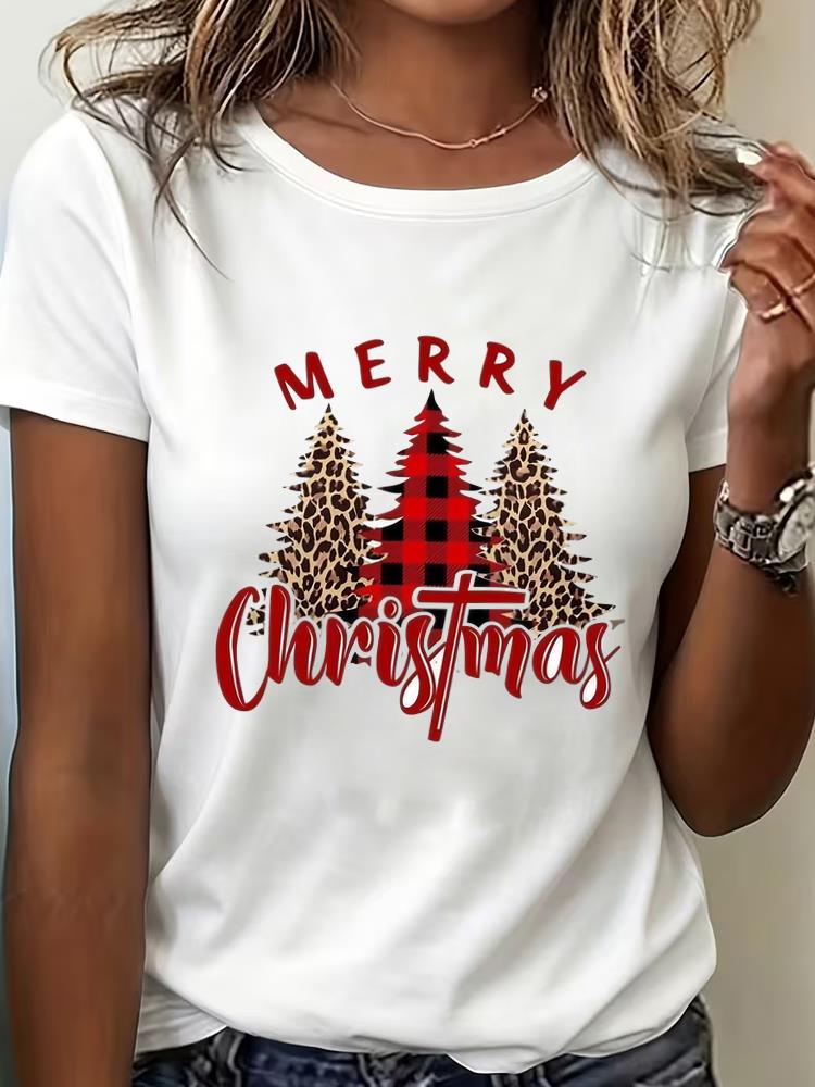 (Asian Size) watercolor tree Clothing New Year T Shirt Women Fashion Christmas Festival Tee Top Print Woman Short Sleeve Graphic T-shirts