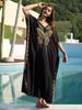 2024 Gold Butterfly Embroidered V Neck Bikini Cover-ups Summer Autumn Loose Kaftan Dress Women Beachwear Swimsuit Cover Up Q1701