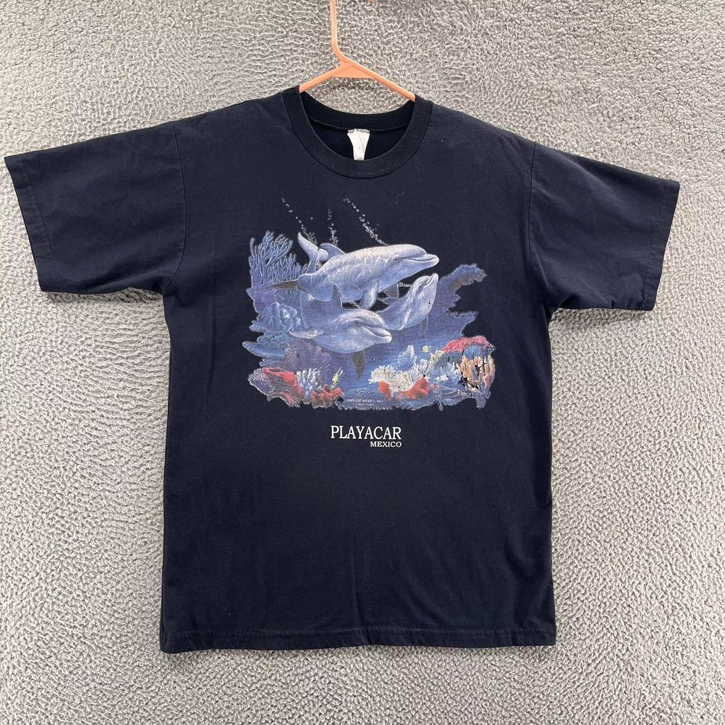 VINTAGE Playacar T Shirt Men Large Blue Mexico Aquatic Nature Dolphins Graphic