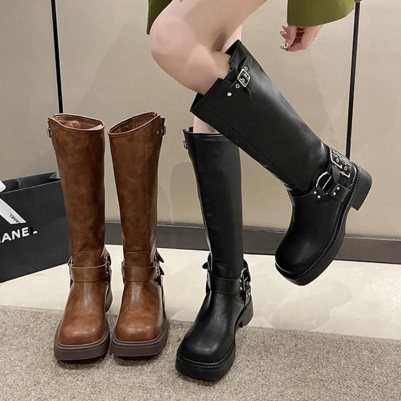 Women's Platform High Knight Boots Chunky Heels Buckle Woman Vintage Fashion Casual Luxury Designer Western Mid Calf Cowboy Boot