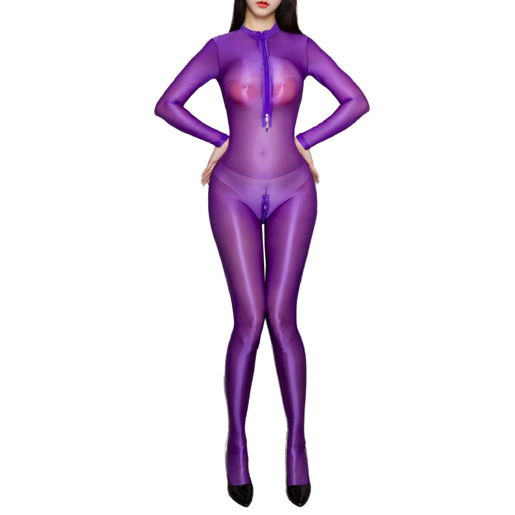 Женский прозрачный блестящий боди с застежкой-молнией спереди, шелковистый облегающий комбинезон без паха, чувственное клубное нижнее белье