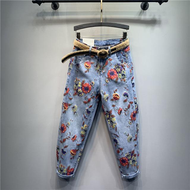 Flower Jeans Woman High-Waist Loose-Fit Pants Personality Printed Denim Harem Pants