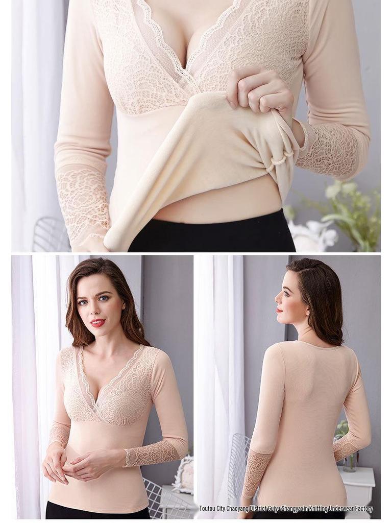 Топ в корейском стиле облегающего кроя с V-образным вырезом, на флисовой подкладке, тепловой, кружевной для женщин