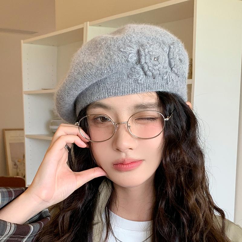 Осенне-зимняя шапка Женственность Милая Шапочка Цветок Кролик Бархатный Вязаный Берет, Зимние шапки для женщин, Шапки-бини для женщин, Зимние шапки для женщин