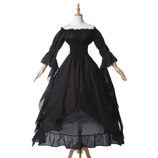 Women Ball Gown Off Shoulder Gothic Long Horn Sleeves Irregular Layered Pleated Elastic Tight Waist Solid Color Retro Renaissance Princess Dress