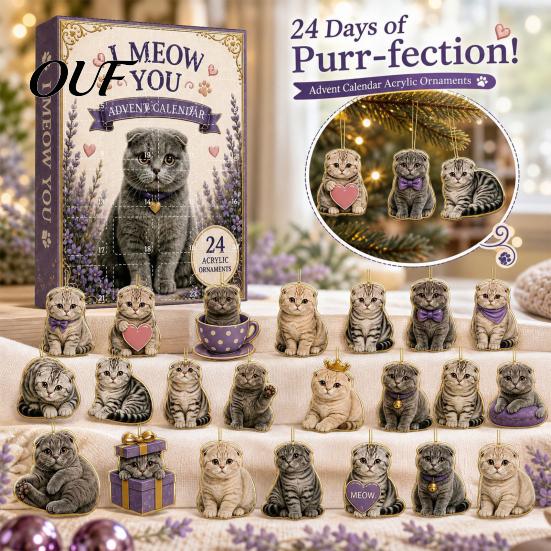 Cute Cat Pendant Set Advent Calendar 2026, 24 Days 2D Acrylic Christmas Ornaments Countdown Calendar, for Kids Collectible Pendants Holiday Tree Home