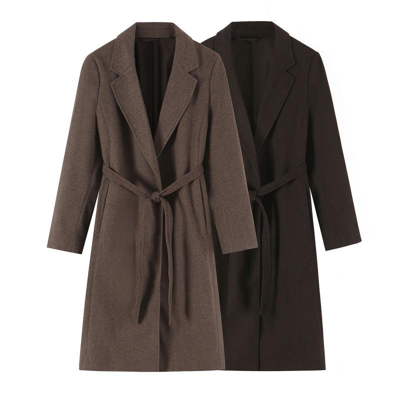 Womens Commuter Style Wool Blend Coat Elegant Waist Tie Mid-Length XS-L Sizes