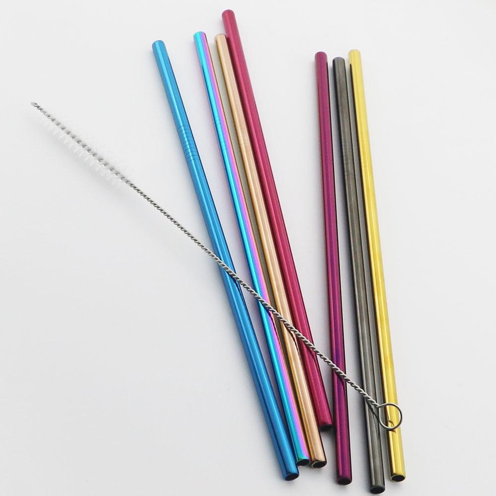 Набор трубочек для питья из нержавеющей стали цвета радуги, многоразовые металлические соломинки, соломинки для пузырькового чая, сока с чистящей щеткой
