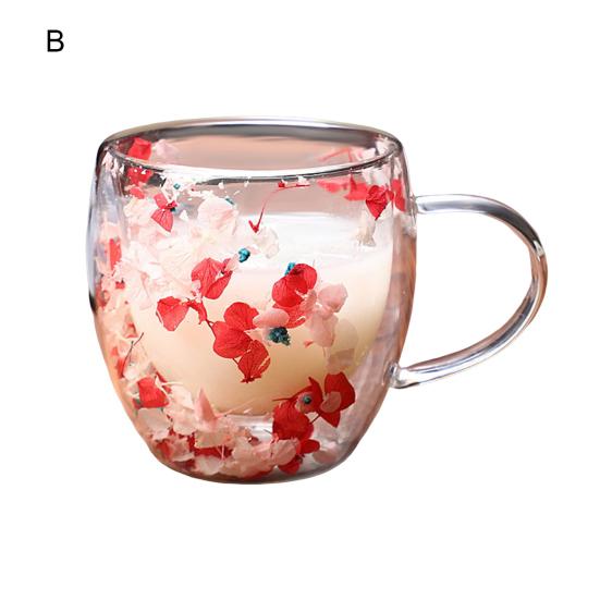 Кружка стеклянная с двойными стенками, с цветочным декором, 250 мл/350 мл, прозрачная, эстетичная, чашка для напитков с изолированной ручкой, украшенная настоящими цветами, двойная