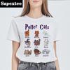 Летняя футболка FeUnisex, базовая футболка Potter Cats с круглым вырезом и короткими рукавами, топы в стиле Харадзюку, женская футболка, повседневная женская футболка Kawaii