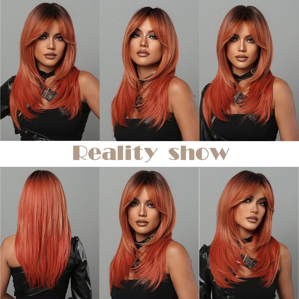 Long Layered Synthetic Wigs Orange Red Straight Bang Ombre Wig With Dark Roots Heat Resistant for Black Women Halloween Cosplay