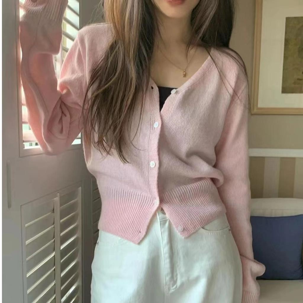 Корейский шикарный трикотажный низ рубашки женский элегантный новый короткий кардиган свитер верхняя одежда милый V-образный вырез длинный рукав топы 2024 осень