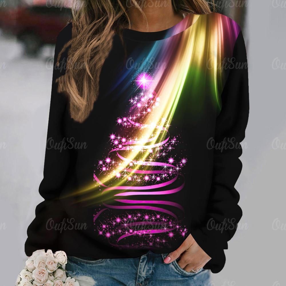 Женская футболка с принтом «Рождественская елка», праздничная одежда для женщин, осенние свободные топы с круглым вырезом и длинными рукавами, женский пуловер в стиле Харадзюку