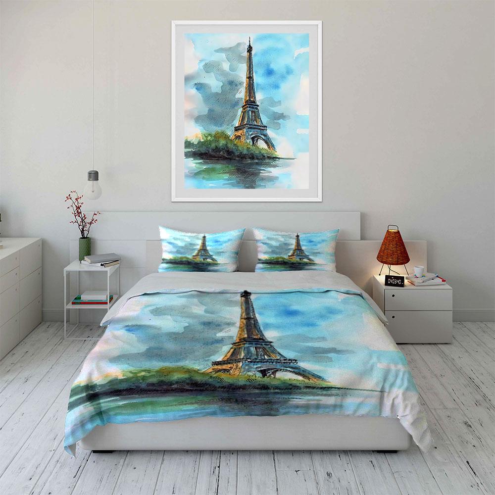 Watercolor Eiffel Tower Print Bedding Duvet Cover Set Duvet Cover Pillowcases (1*Duvet Cover 2*Pillowcases, without duvet insert)