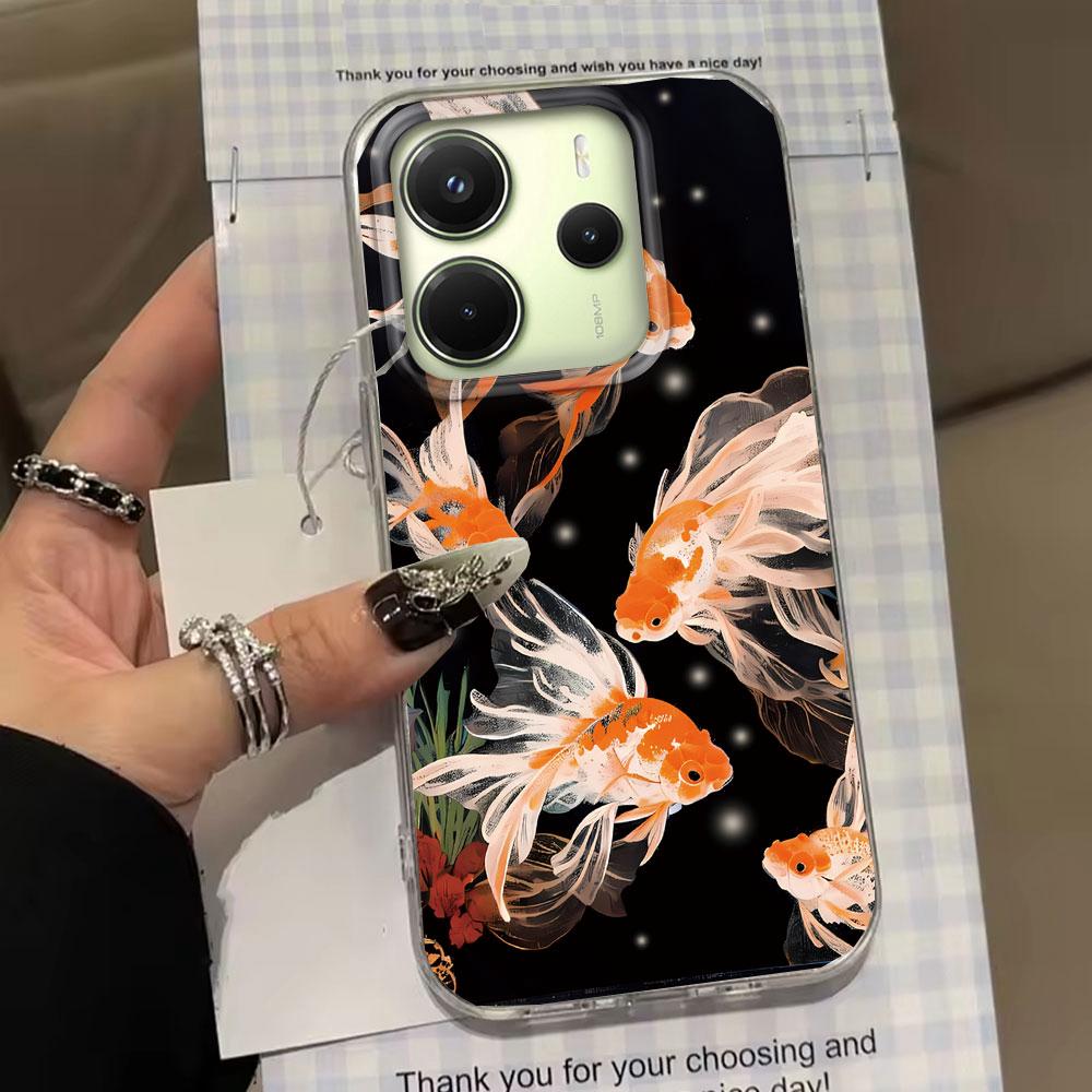 Чехол для телефона Koi Goldfish Sparkle Black Glossy для Xiaomi Redmi Note 14 13 12 11 11S 10 9 8 Pro 9C 13C 14C A5 A3 A4 A3X A1