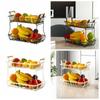 2 Tier Fruit Basket Bowl Detachable Metal Vegetable Holder Organizer with Wooden Handle Rectangular Vegetable Bread Basket